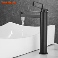 Black Tall Bathroom Basin Taps Single Handle Waterfall Faucet Solid Brass Basin Mixer Tap Creative Hollowed Out Design Water Tap 2