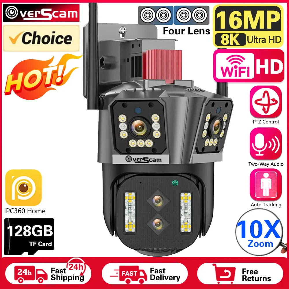 Telecamera Ip Wifi 16Mp 8K Zoom 10X Telecamera Di Sicurezza Esterna 4K Sorveglianza Ai Track Quattro Obiettivi Mini Telecamera Stradale A Tre Schermi 