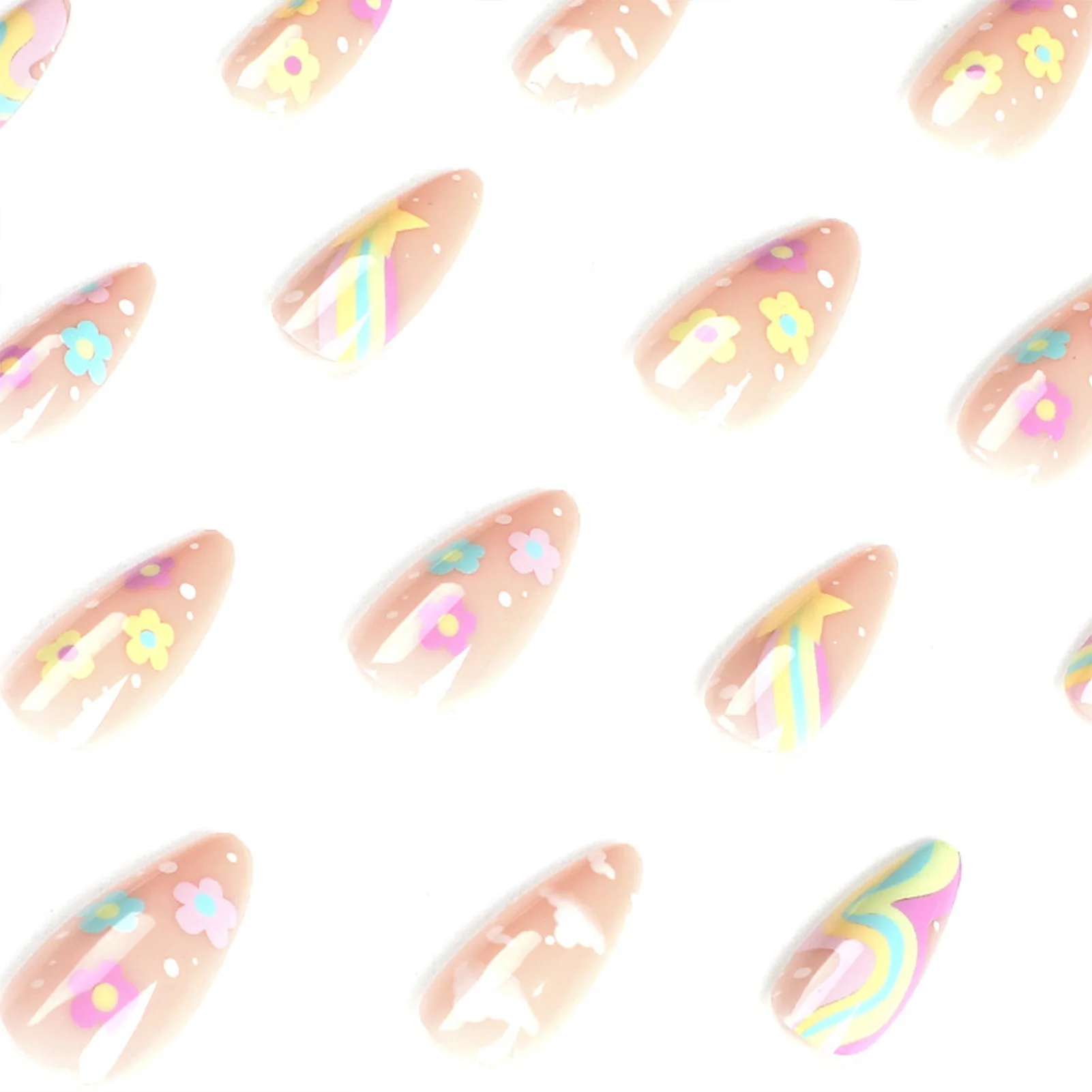 24pcs False Nail Tips for Girl Rainbow Cloud Star Printed Almond Fake Nails Full Cover Reusable Adhesive fake nails nail tips false nails false nail tips