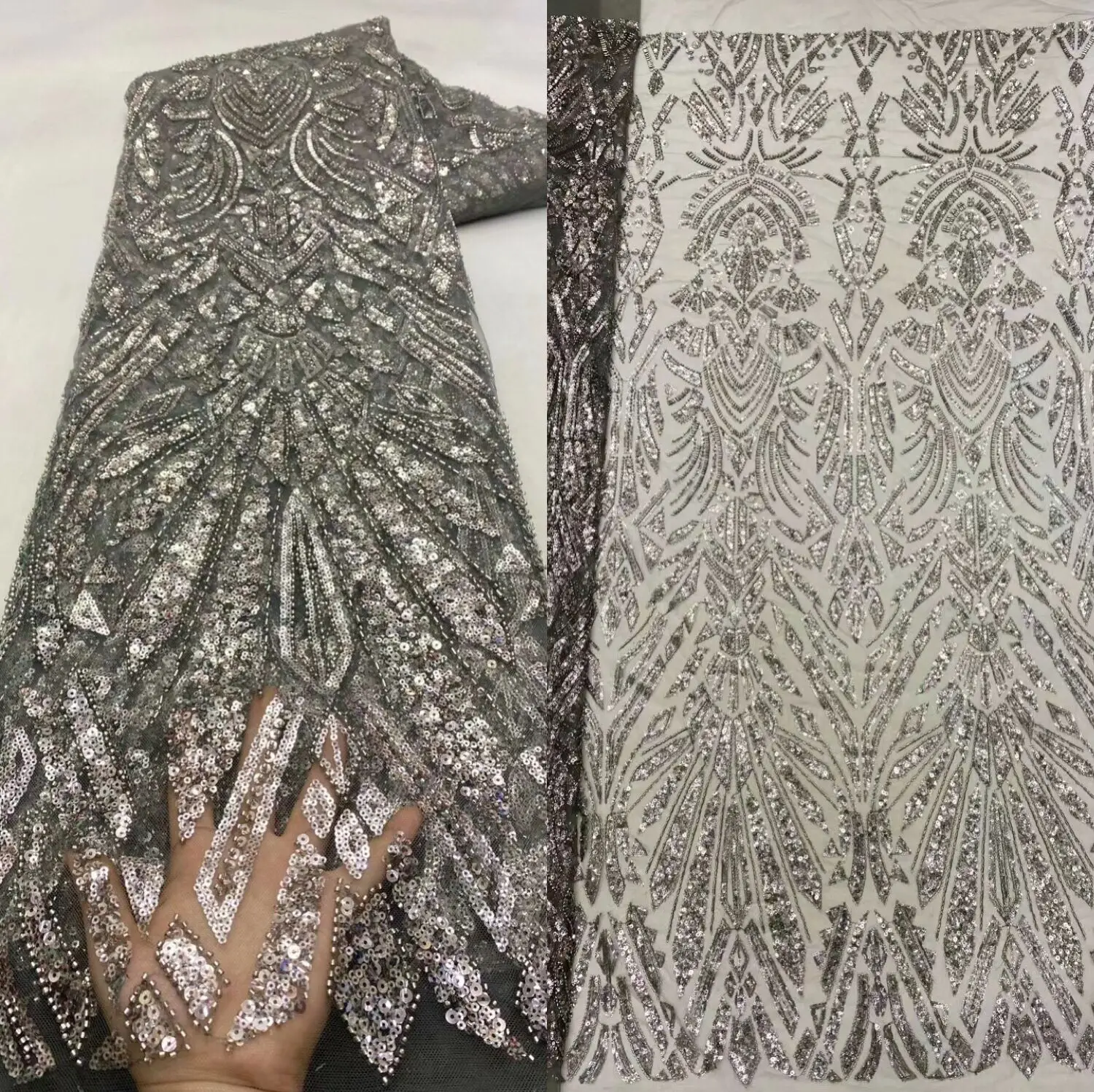 

African French Sequins Net Lace Fabric with beads J-12026812 High Quality Tulle Mesh Lace Bridal For Nigerian Wedding Dress
