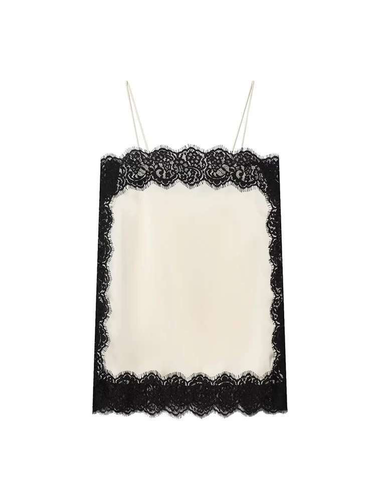 Vintage Women Sexy Lace Satin Camisole Fashion Lace Patchwork Sleeveless Backless Beach Chic Tops Summer New Loose Sling Tops