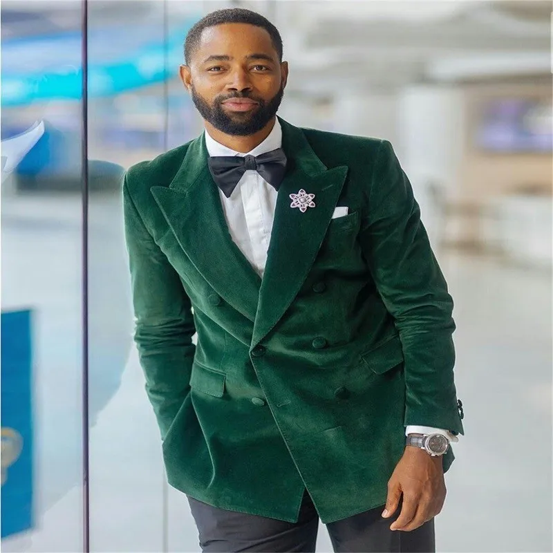 

Green Velvet Suits for Men Prom Slim Fit Double Breasted 2 Piece Blazer with Black Pants Fashion Costume Wedding Groom Tuxedo