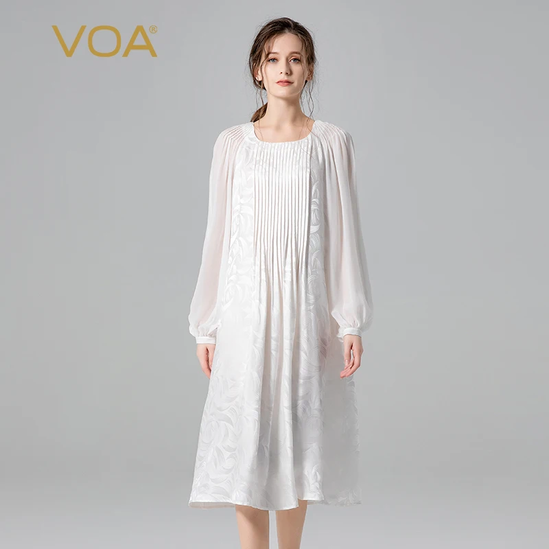 

VOA 100% Real Mulberry Silk Crescent Jacquard White O-neck Georgette Long Sleeve Dresses Women Loose Waist Dress 2023 New AE1850