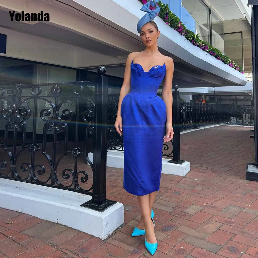 

Blue High Quality 2024 New Mermaid Evening Dresses Strapless Ruffle Sleeveless Open Back Party Dress Anke Length Robe de soirée