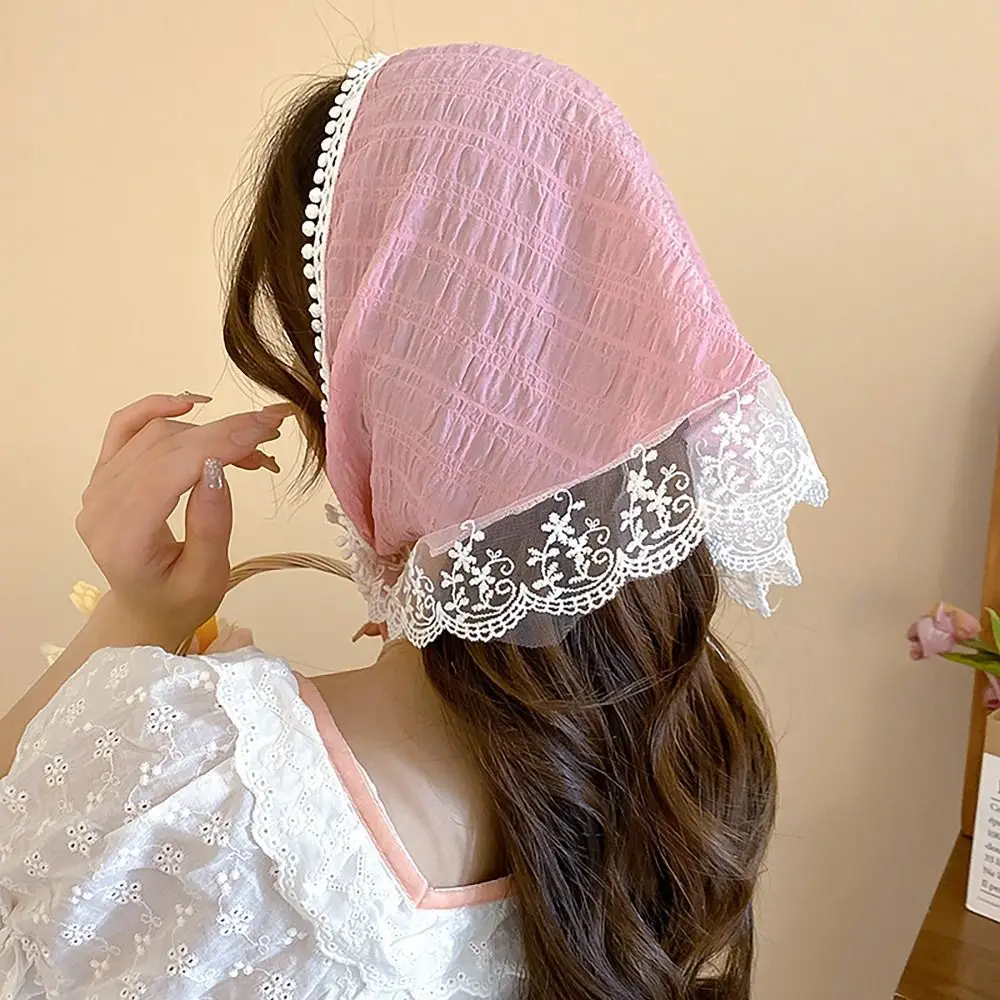 

French Pastoral Style Headscarf Breathable Lace Fringe Headband Towel Triangular Sun Protection Headband Women