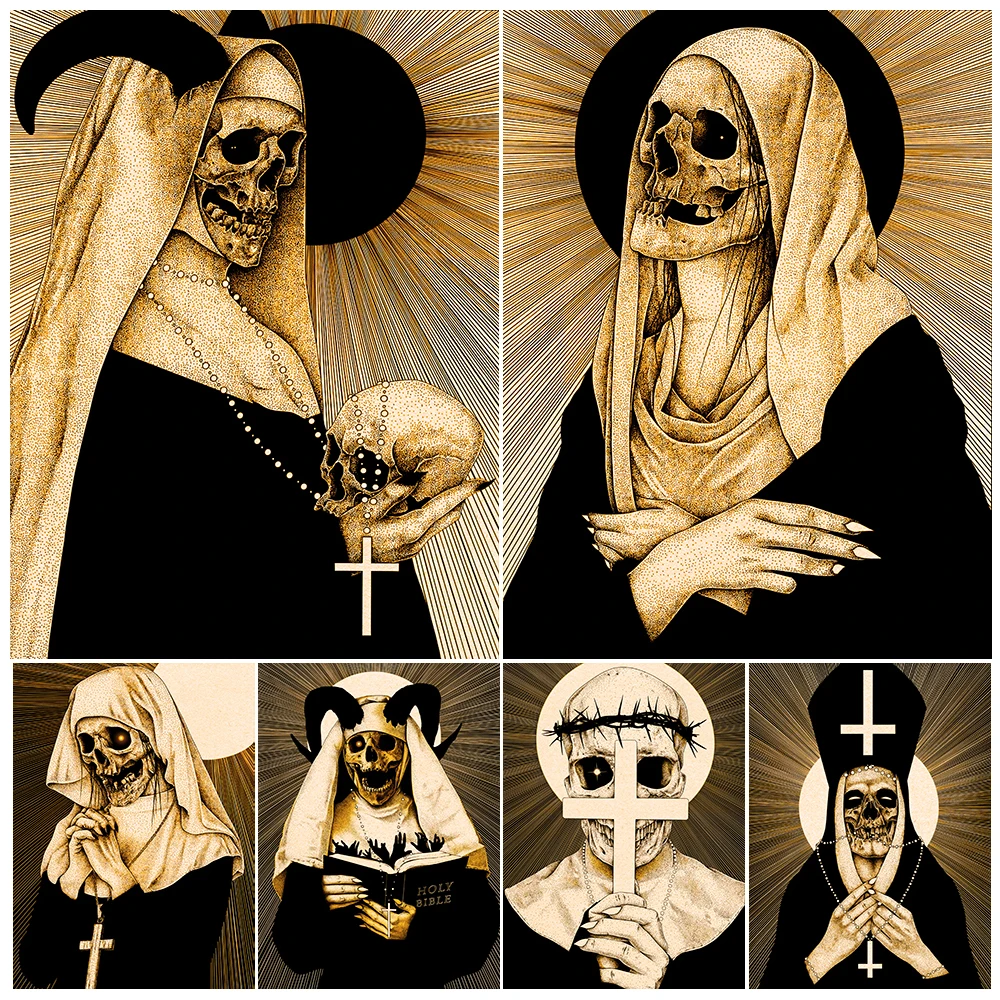 

The Skeleton Demon Sisters And The Bishop Vintage Wall Art Canvas Painting Pagan Witchcraft Art Poster And Print Home Decoration