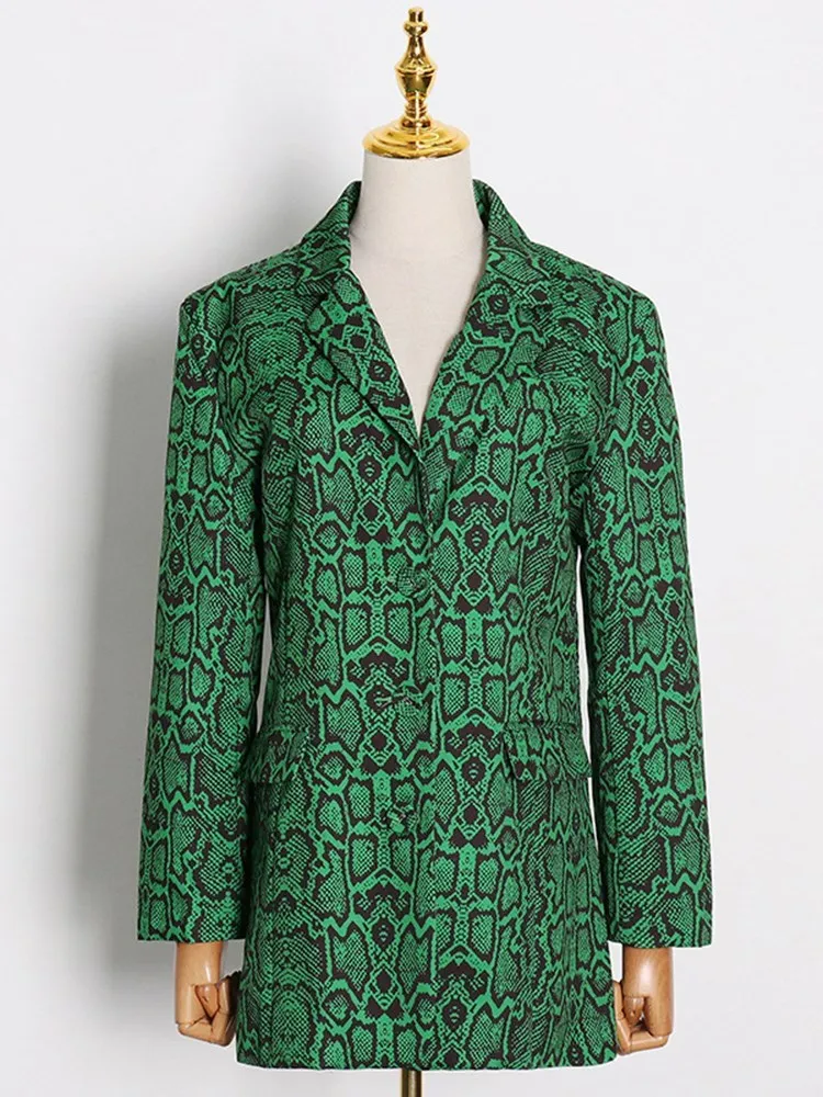 KBQ Colorblock Snake Print Casual Blazer For Women Notched Collar Long Sleeve Patchwork Buttons Loose Temperament Blazers Female