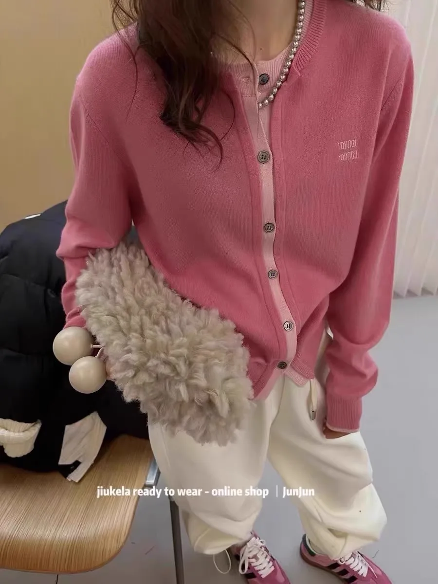 여성용 유럽 100% 캐시미어 스웨터, 레드 카디건, 라운드넥 컬러, 싱글 브레스..