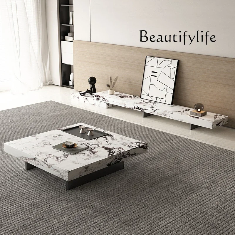 

Ji Ji Feng Stone Plate TV Cabinet and Tea Table Combination Italian Minimalist Retractable Locker