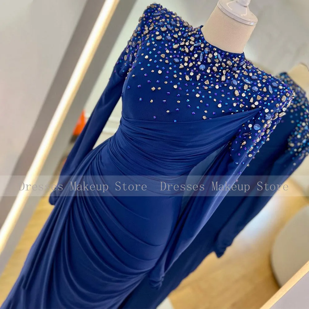 Luxury Evening Dress Crystal Long Sleeves Royal Blue Wedding Guest Gowns for Women 2023 Mermaid/Trumpet O Neck Modest Prom Dress 3