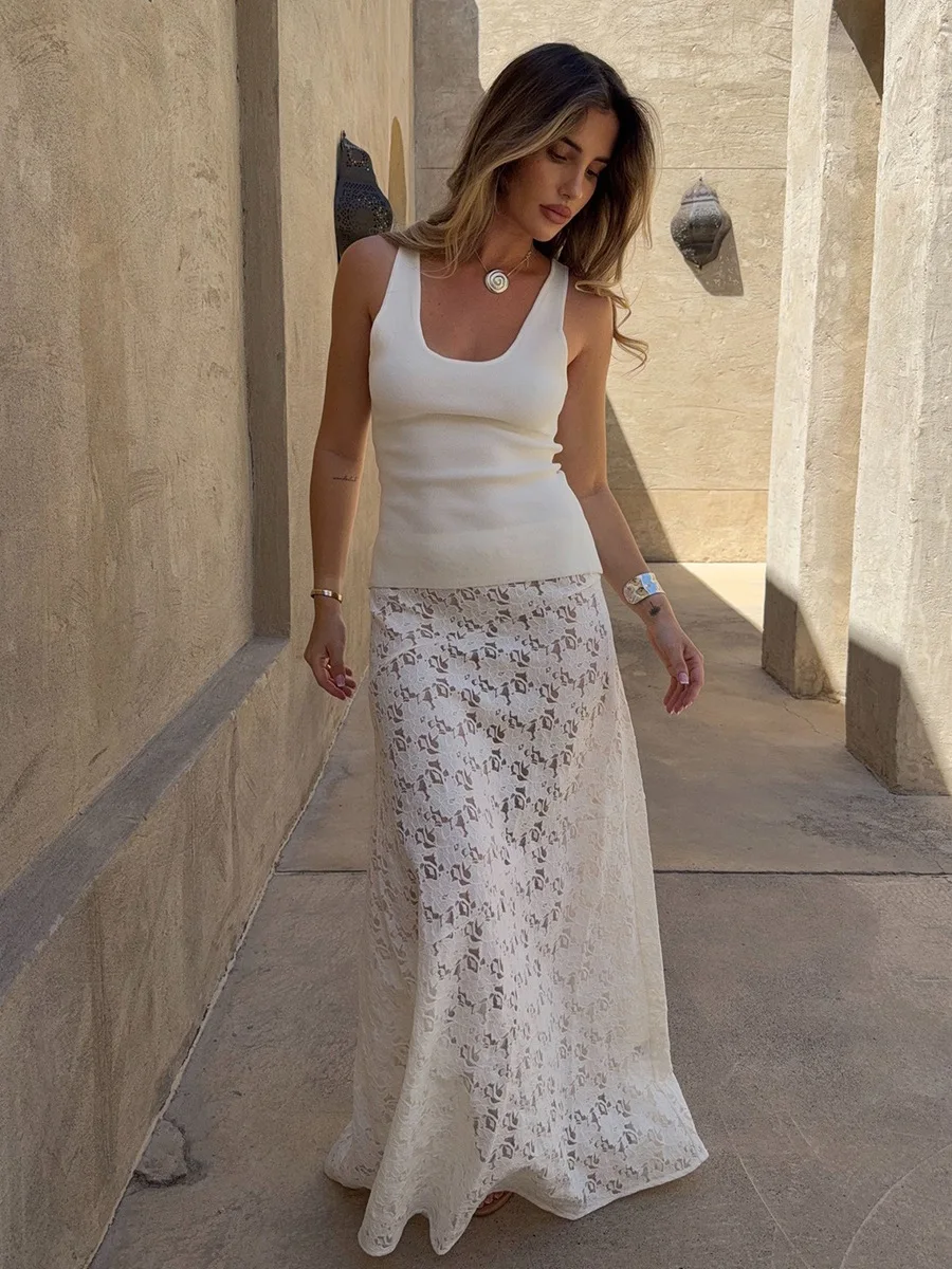 Bornladies Women's Chic Streetwear White Jacquard Skirts Ankle Length Lace Midi Skirt Stylish Daily Skirt Women's Clothing