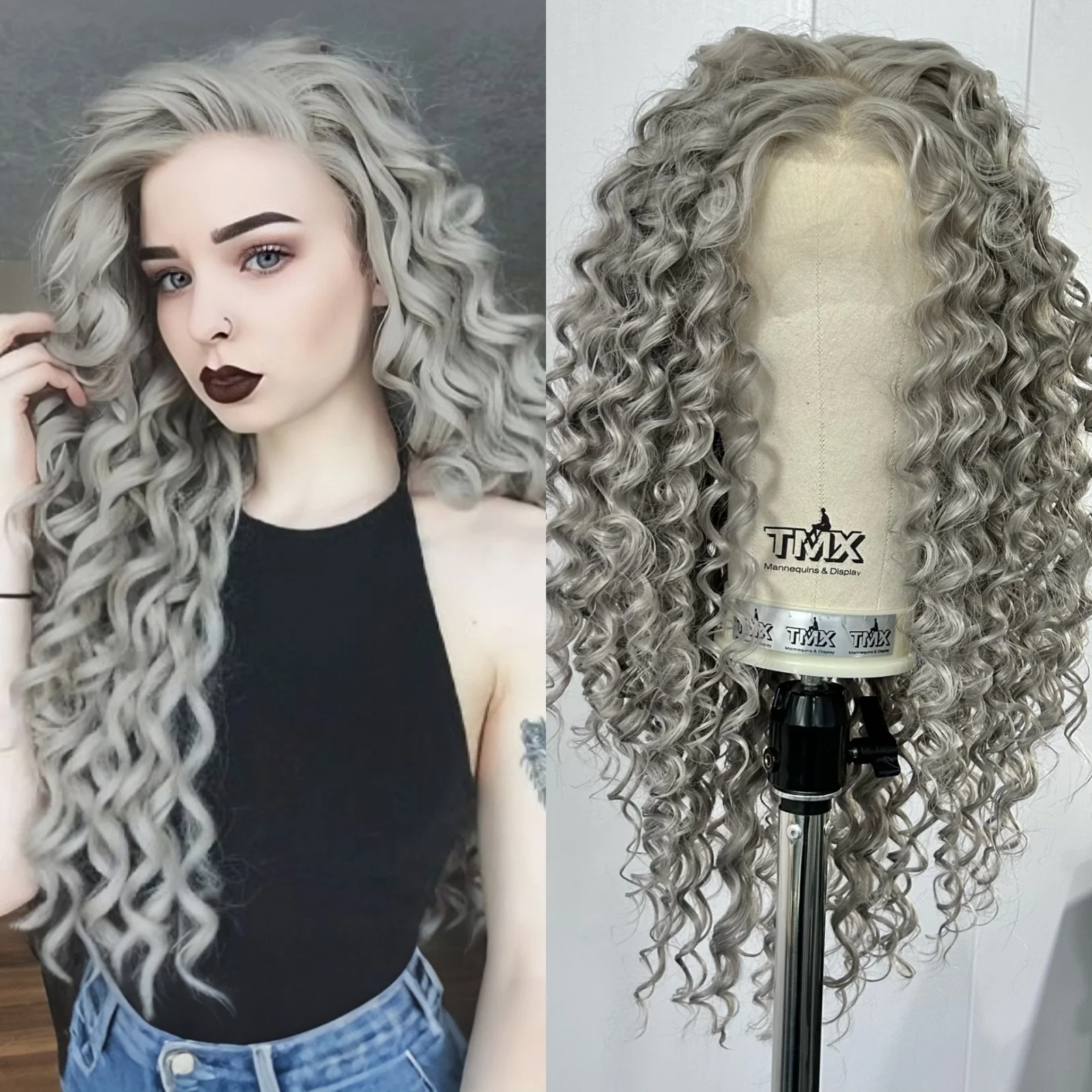 Wigs for Women Long Silver Grey Curly Synthetic Free Part Loose Curly Gray Afro Kinky Heat Resistant Fiber