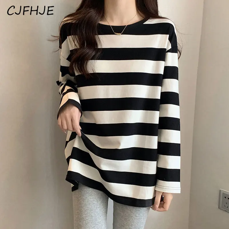 

CJFHJE Новинка, свободная универсальная полосатая футболка с круглым вырезом, женская футболка средней длины в стиле ягодиц, тонкая рубашка с запахом