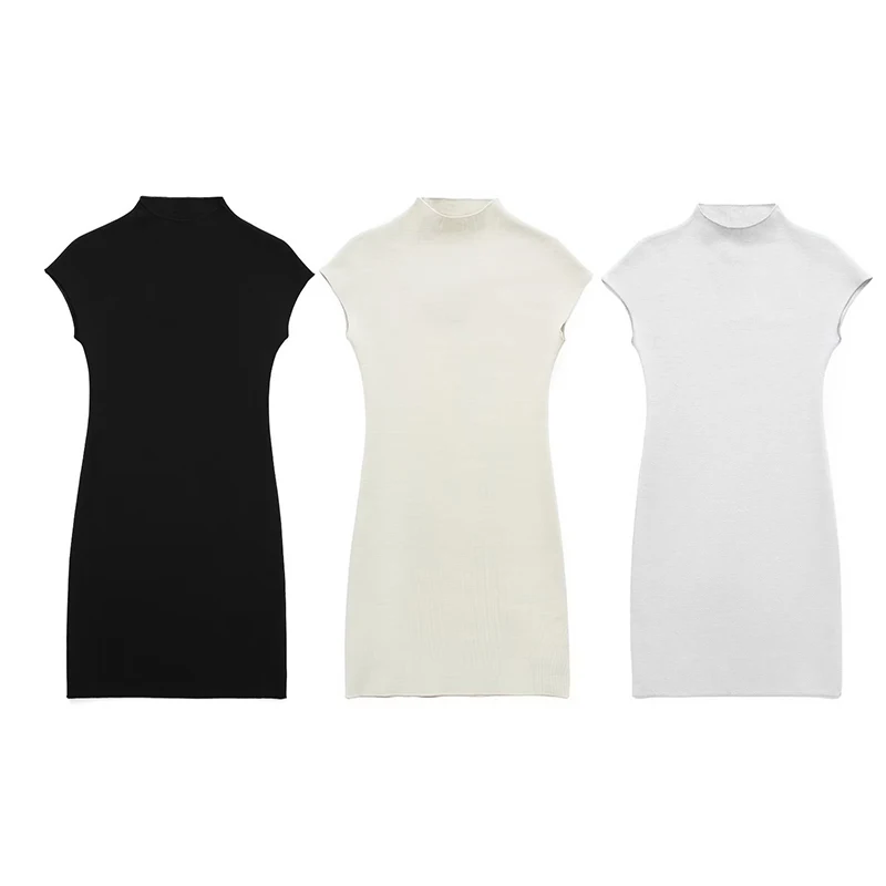 

Women Fashion Stretch Knit Mini Dress Vintage High Neck Sleeveless Female Dresses Vestidos Mujer
