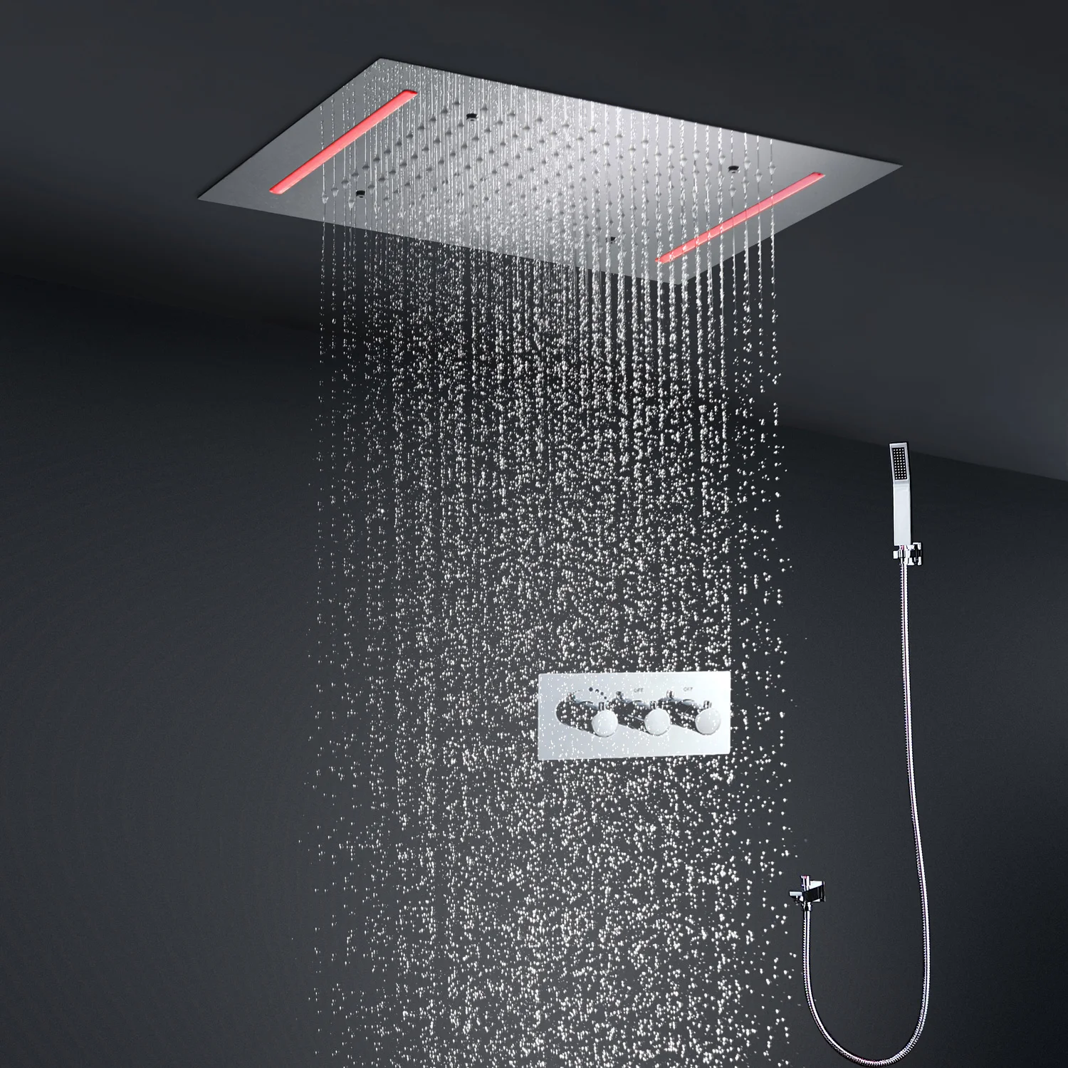 hm Modern Embed Ceiling LED Shower System Bathroom Thermostatic Rain Showerhead Faucets Set With Remote Control Lights