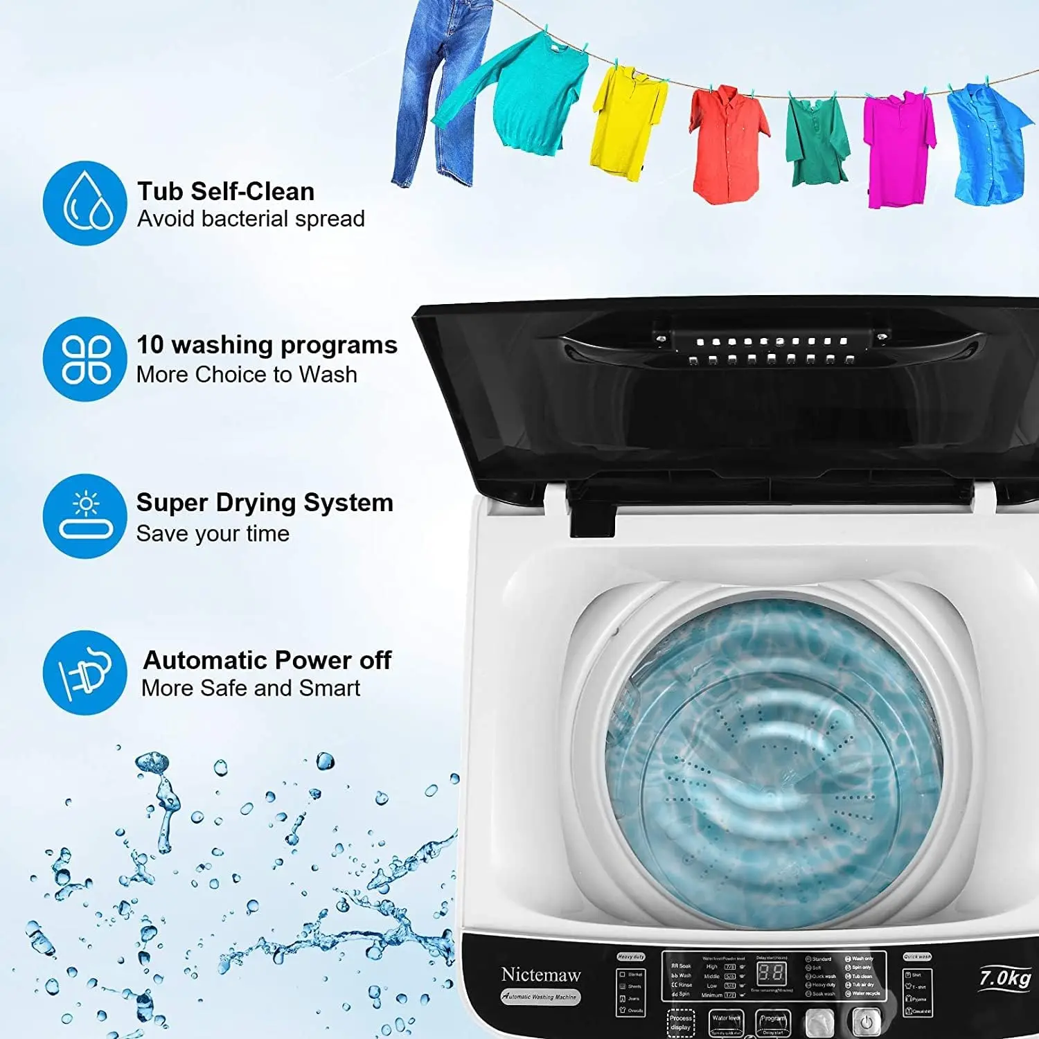 Portable Washing Machine, 17.8Lbs Capacity Full-Automatic Portable Washer, 2.4Cu.ft Washer and Dryer Combo with Drain Pump, 10 P 3