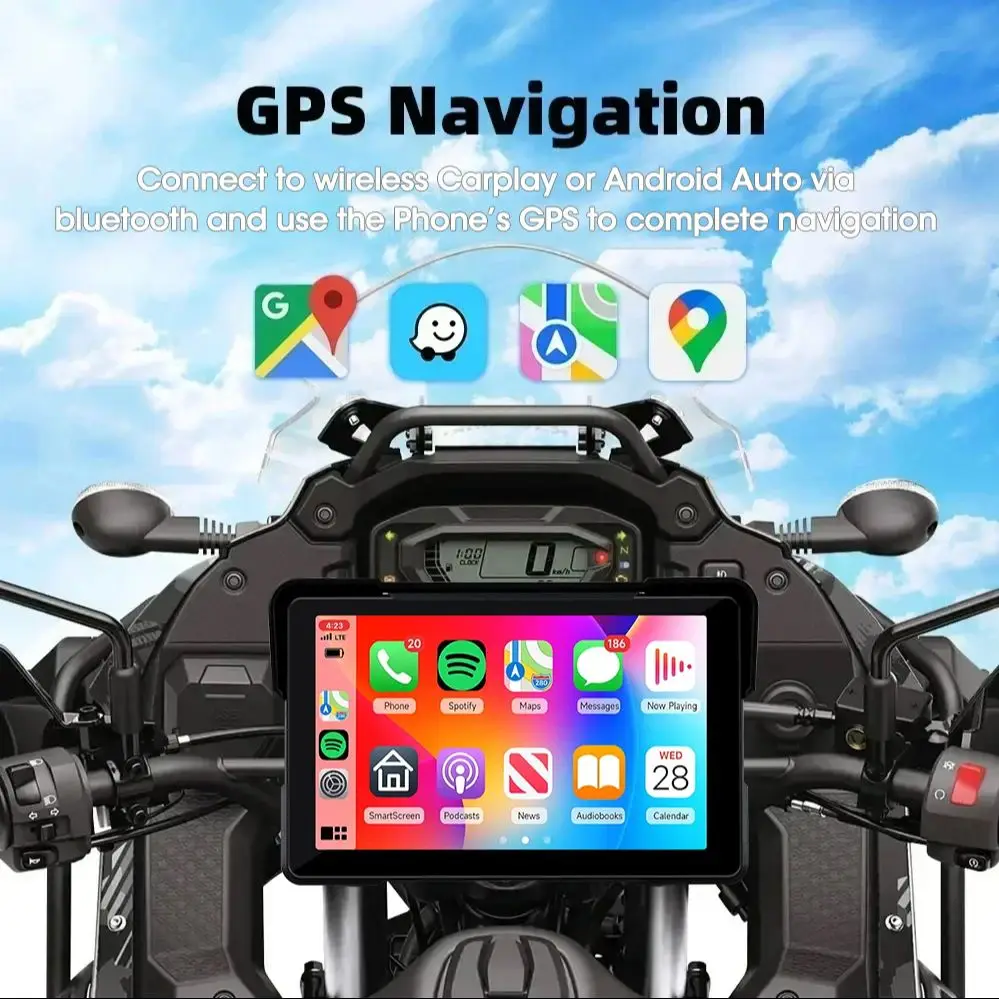 5"/7" Portable Motorcycle GPS Navigation with DVR – IPX7 Waterproof LCD, Wireless CarPlay & Android Auto 4