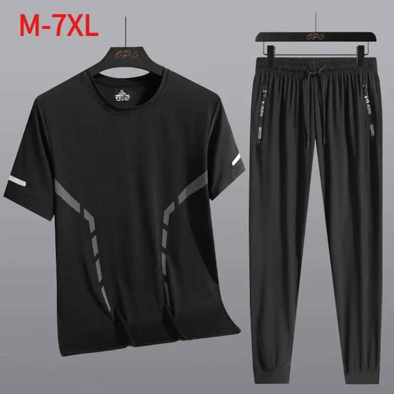 2026 Summer Dad Casual Sports Ice Silk Thin Short Sleeve T-Shirt and Long Pants Two-Piece Set Polyester Gym Running Sets