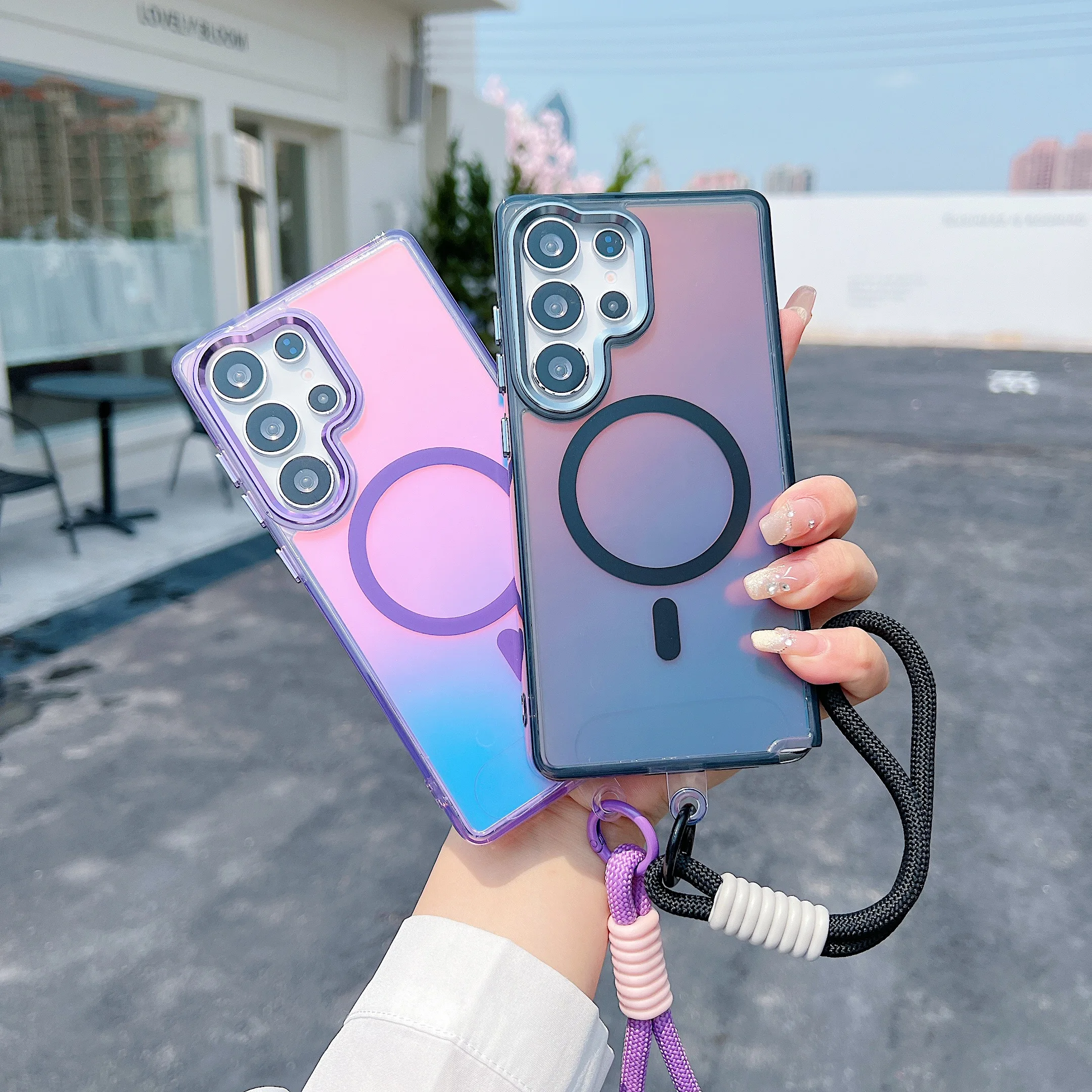 Luxury Chameleon Magnetic Phone Case with Lanyard Wrist Strap and Shockproof Protection