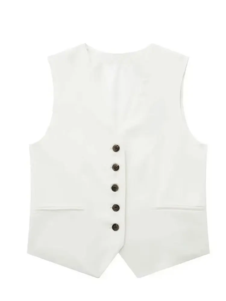 HH Women Fashion Solid Linen Vests Single Breasted Sleeveless Waistcoat Top Summer Female Casual Streetwear Suit Vest