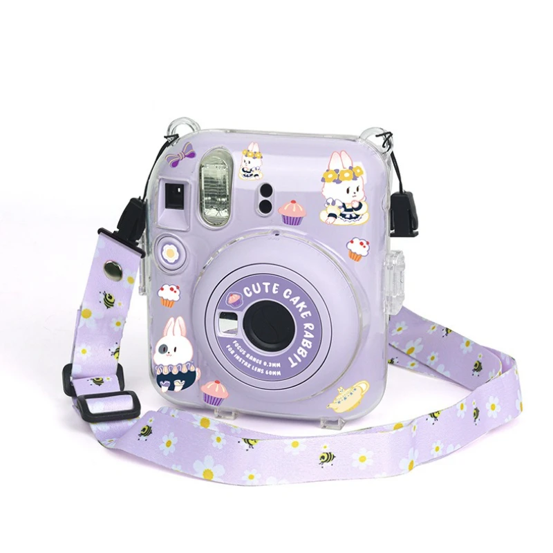 For Fujifilm Instax Mini 12 Transparent Camera Case Protective Carry Bag Cover with Shoulder Strap Storage Bag with Cute Sticker