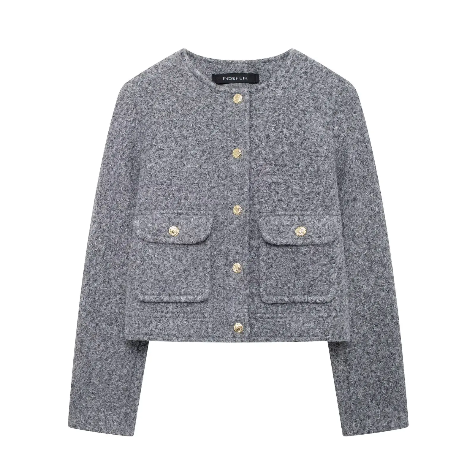 thumbnail image 1 of HH TRAF Otoño Moda Mujer Cuello Redondo Un Solo Pecho Bolsillo Decorado Sólido Slim Chaqueta Mujer Calle Manga Larga Abrigo Corto Mujer, 1 of 5