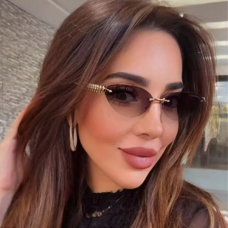 بدون شفة النظارات الشمسية موضة عين القط النساء الرجال ظلال العلامة التجارية مصمم معدن أسود صغير البيضاوي نظارات شمسية نظارات شمسية فاخرة 2025