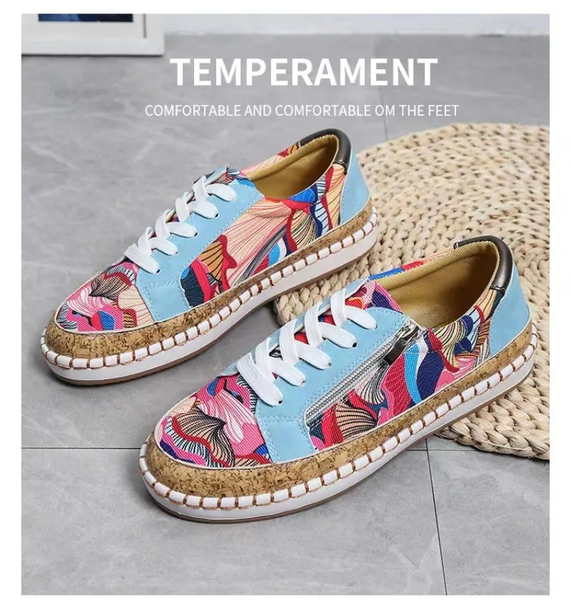 Women's Sports Shoes with Patterned Side Zipper Strap Casual Shoes, Fashionable Flat Shoes, Breathable Large Women's Shoes