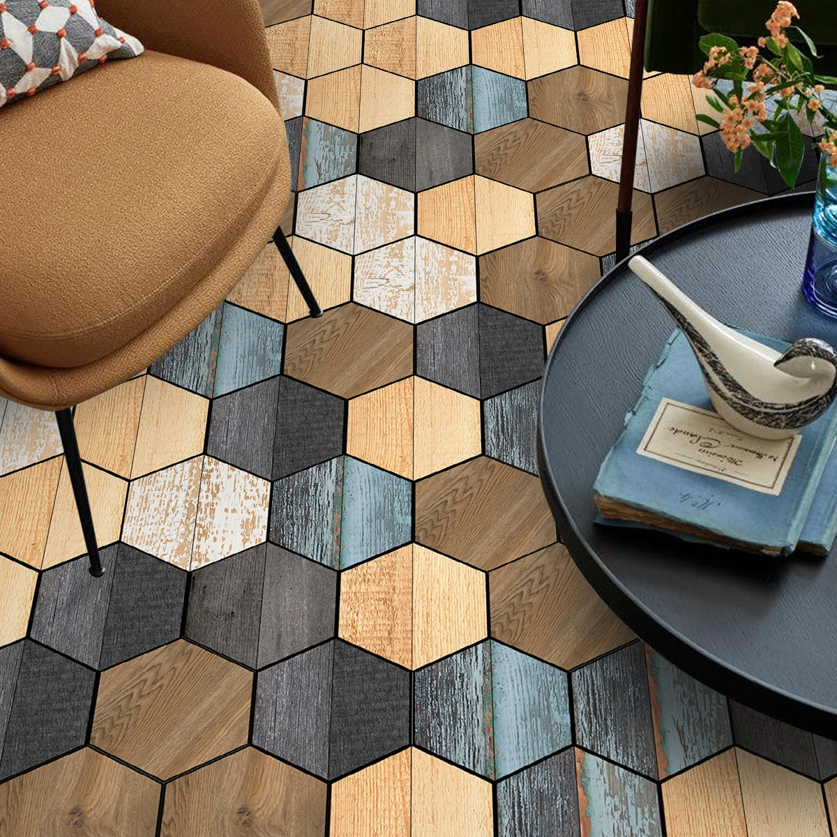 1 set of 11PCS Wood Grain Hexagonal Floor Stickers Waterproof Anti-slip Floor Stickers