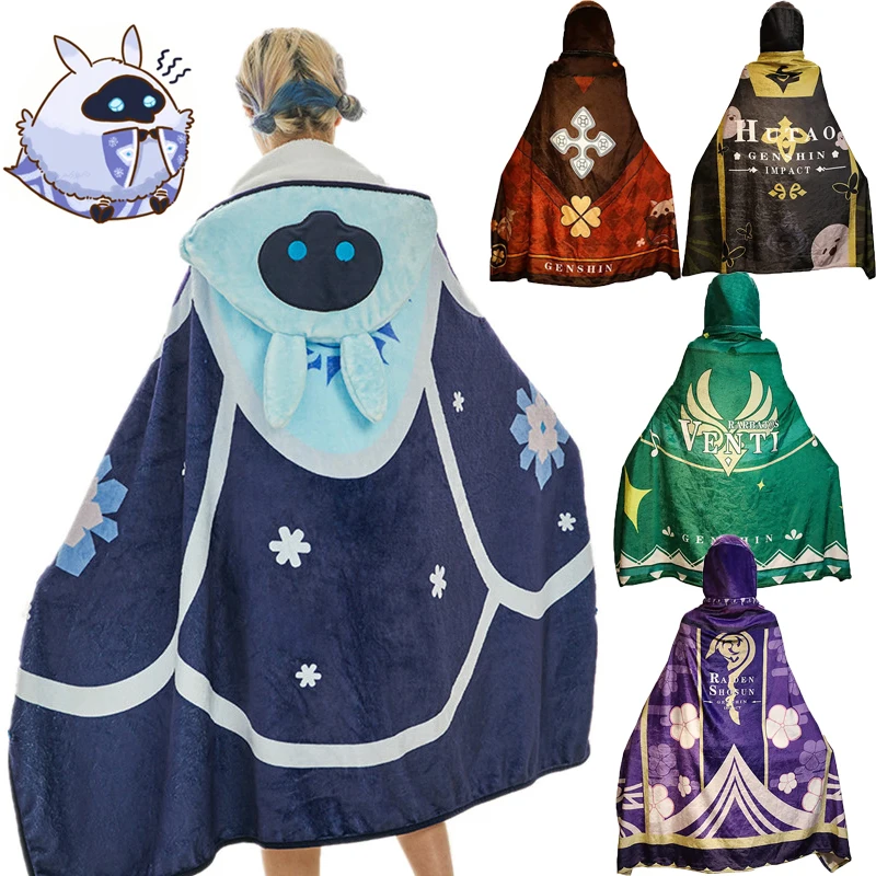 Genshin Impact Plush Cloak Cryo Abyss Mage Cape Zhongli Hutao Cosplay Hooded Blanket Raiden Shogun Soft Warm for Kids Adult Gift