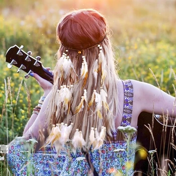 Fascia per capelli bohémien hippie con nappe lunghe e piume, fascia per capelli da fata, accessori per capelli per costume da festa di nozze da donna 1