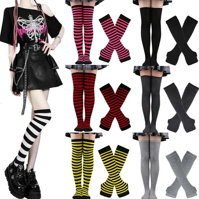 Y2K Women Girls Over Knee Long Stripe Printed Thigh High Cotton Socks Arm Sleeve Gloves 1 Set Overknee Socks Long Gloves 2024