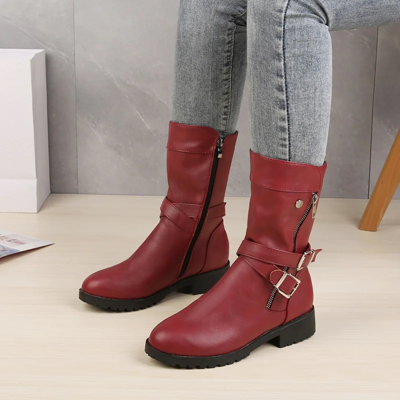 

Small and Medium-sized Boots Plus Size 43 Women Buckle Gothic Boots Women Low Square Heel Leather Shoes Red Black Boots Women