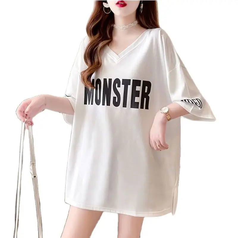 

Long Casual Women's V-neck T-shirt Women's 2023 Summer New Loose Korean Version Of Fat Mm Students Joker Ins Sleeve Tops Tide
