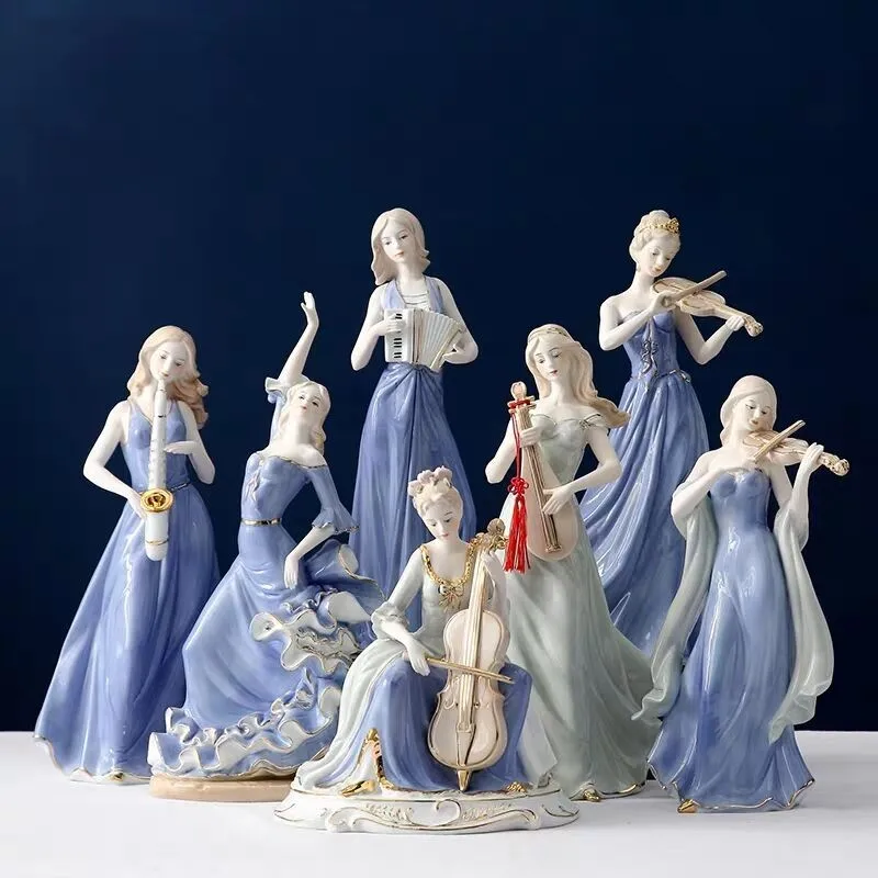 

Creative Decorations Simple Music Playing Girl Ceramic Gilding Figure Color Painting Craft Gifts