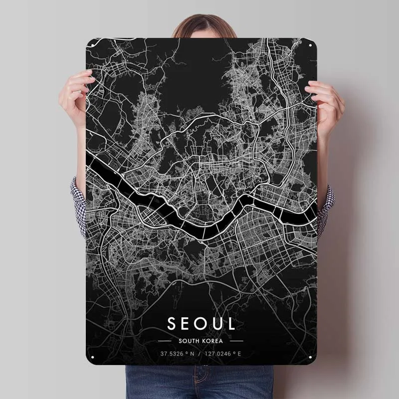 서울 도시지도 다크 메탈 포스터, 커피 바 금속 주석 사인 플라크, 벽 아트 장식, 레트로 홈 데코, 클럽 아메리카 룸