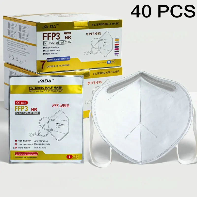 Masque de protection respiratoire plié, vue de côté montrant les plis et les élastiques.