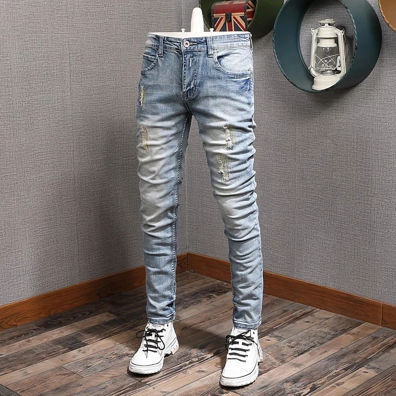 Streetwear Fashion Men Jeans Retro Light Blue Stretch Slim Fit Ripped Jeans Men Embroidery Designer Vintage Denim Pants Hombre