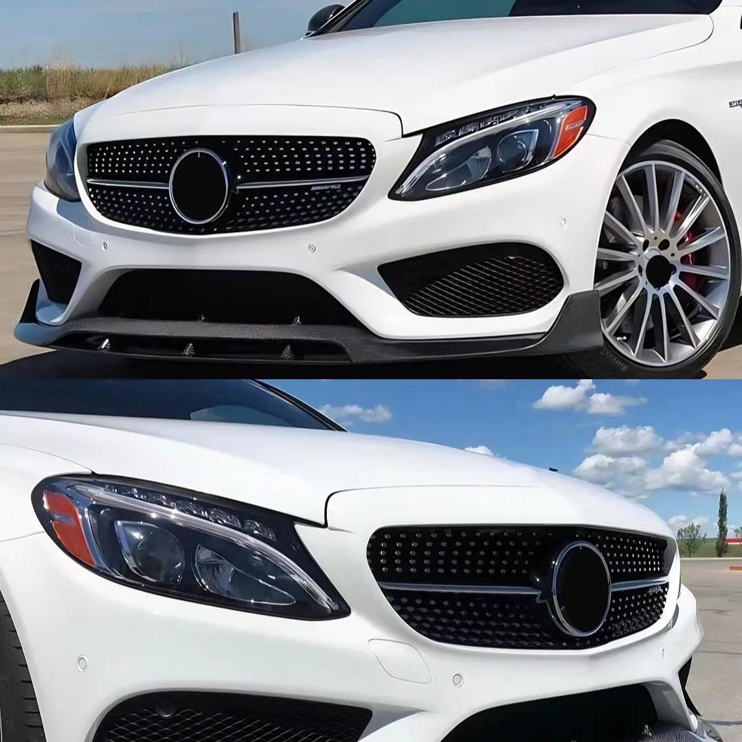 메르세데스 벤츠 C 클래스 W205 C205 S205 2014-2018 C250 C300 다이아몬드 스타일 업그레이드 인렛 메쉬 프론트 그릴 범퍼 그릴 개조