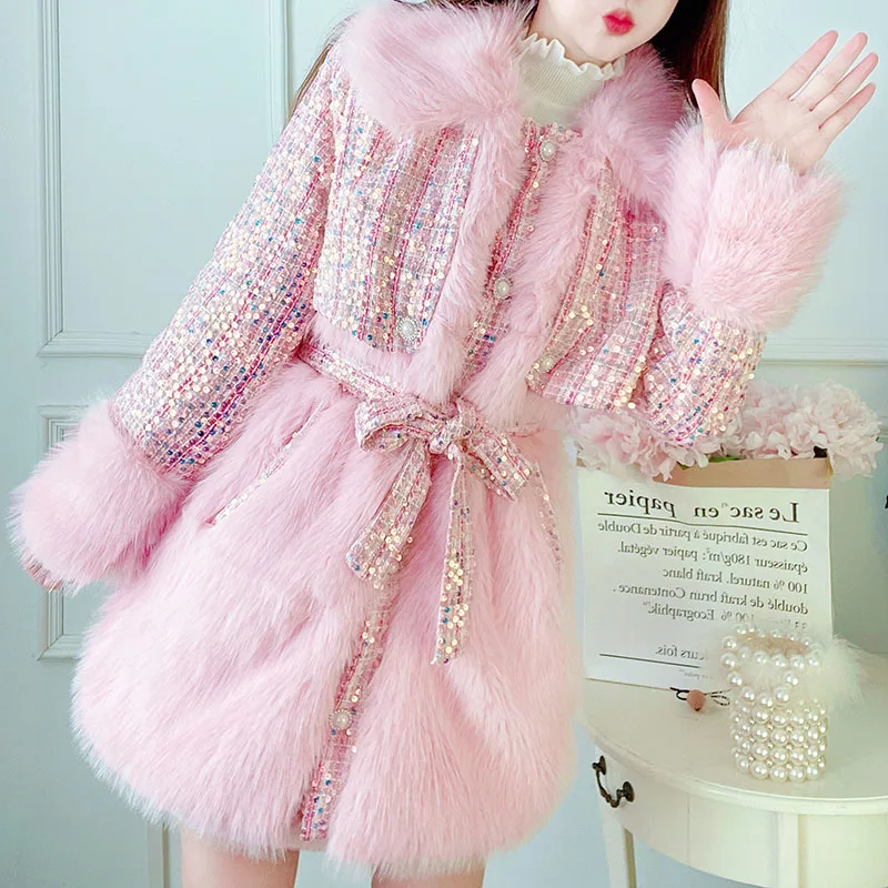2023 Winter Sweet Slim Waist Young Lady Faux Fox Fur Coat Fuzzy Fur Collar Patchwork Woolen Jackets For Female Elegant Outwear