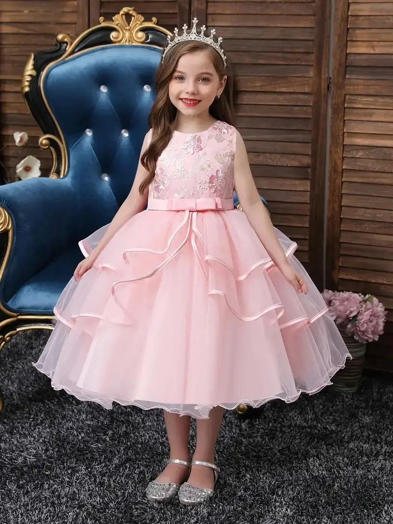 thumbnail image 1 of Girls Princess Dress Sleeveless Flower Embroidery Tutu Dress Performance Dress Wedding Flower Girls For Evening Birthday #5810, 1 of 5