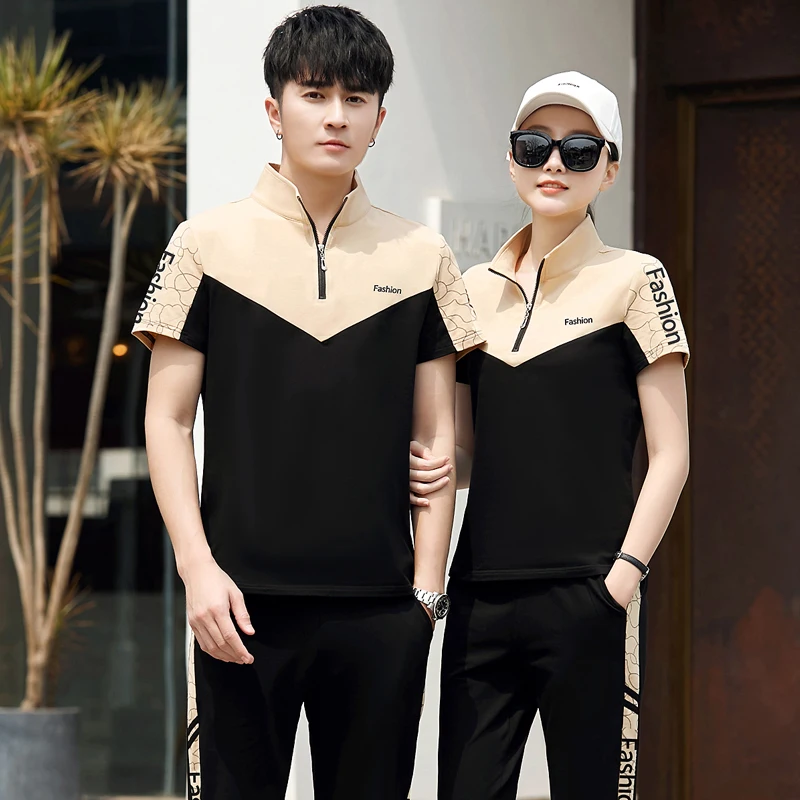 세련된 커플 스포츠 정장 여름 슬림 피트 러닝 캐주얼 의류 남성 여성을위한 투피스 세트 짧은 소매 바지
