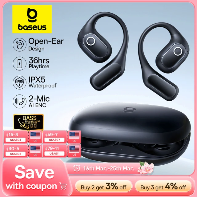 Baseus Eli 2i Fit Open-Ear Earphones True Wireless Bluetooth 6.0 Ear Hooks Headphones IPX5 Waterproof Sports Earbuds Bass Boost