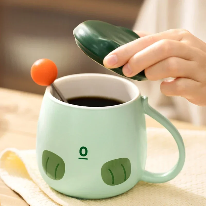 

Cute Mole Mug Dustproof Green Exquisite Ceramic Water Bottle with Cover Spoon Cozy Large Capacity Tumbler Couple Holiday Gifts