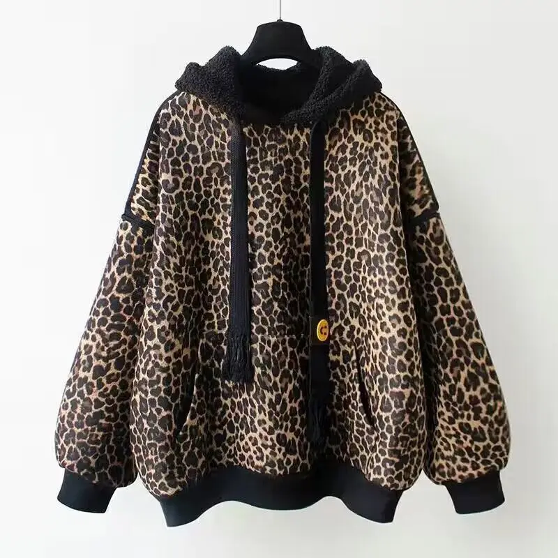 

Winter Women's Leopard-print Hoodie Coat Fleece Thickened Top