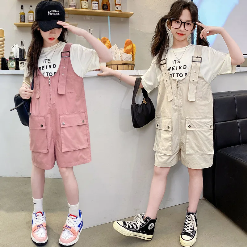 

Комплект из двух предметов для девочек, Новинка лета 2024, детская одежда, модный детский комбинезон с коротким рукавом и надписью, повседневный костюм