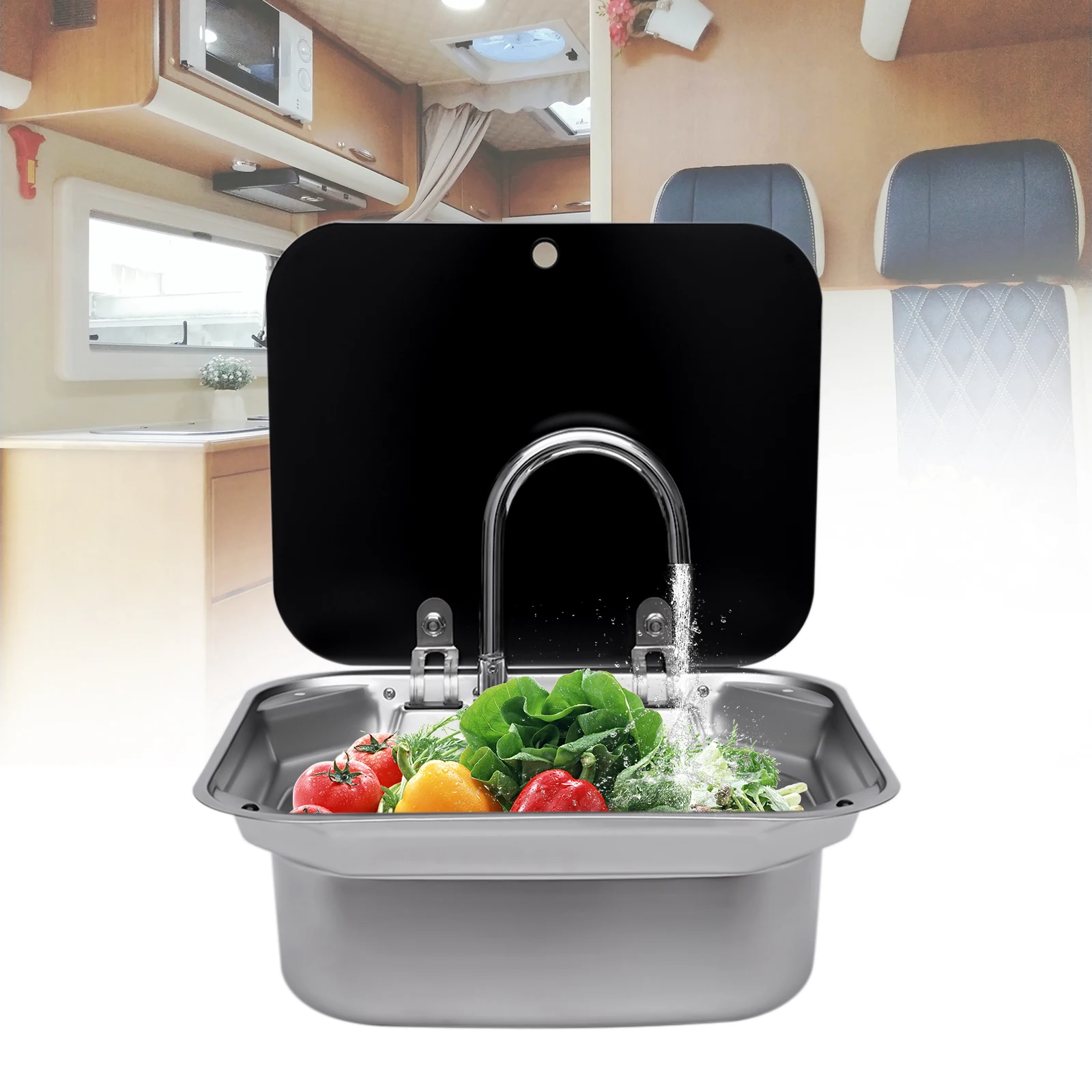 US RV Sink Kit Folding Square Outdoor Full Set+Lid+Faucet Stainless Steel Sink 5