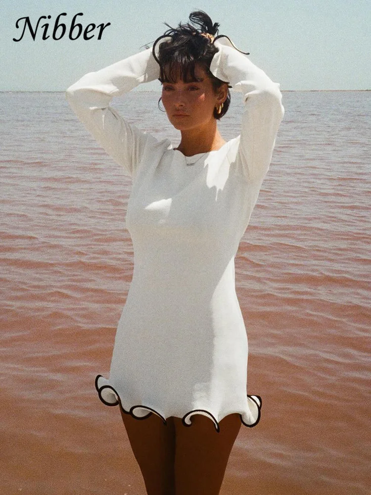 Nibber Ruffles Elegant Dress Women Autumn Trend Contrast Long Sleeve Casual Simple Basic Stretch Daily Vacation Mini Bodycon