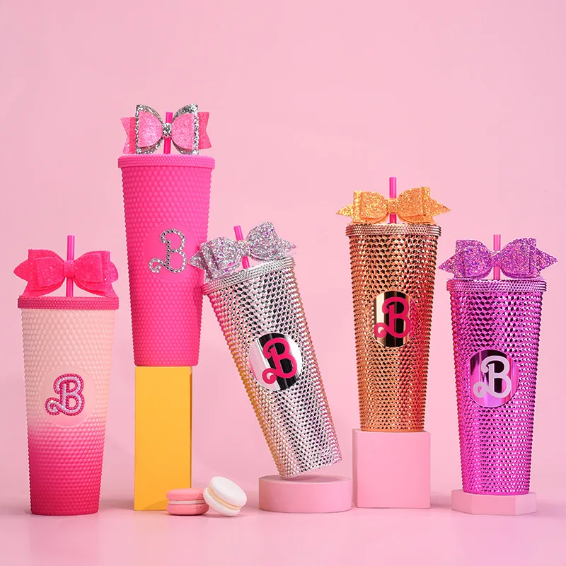 

710Ml Kawaii Anime Barbie Pink Cartoon Double-Layer Plastic Straw Cup with Glitter Bow Straw Cup Hand Cup Cute Durian Cup