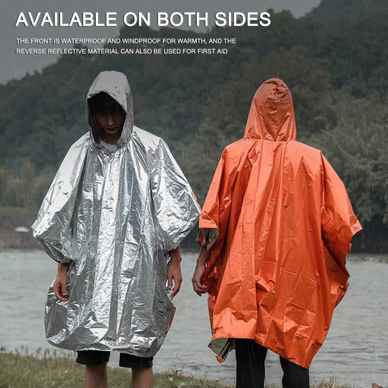 Emergency blanket Disposable poncho Emergency Survival Rain Poncho Thermal Survival Space Blanket Thermal Raincoat Heat Reflective Waterproof for Camping Hiking